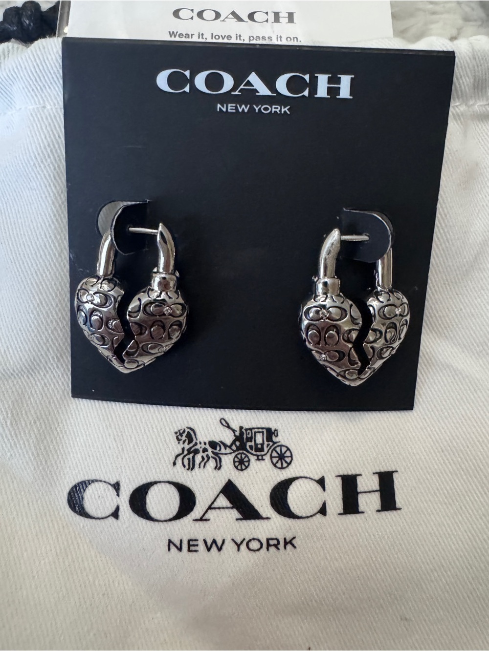 Women Coach Signature C Quilted Broken Heart Silver Puff Hugging Earrings